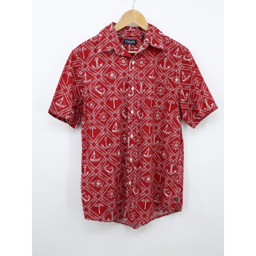 Chaps Nautical Print Button‎ Down Shirt Red Cotton Anchors Boats Mens M